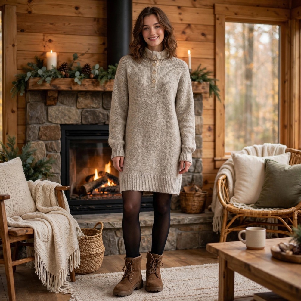 525 America Womens M Button Collar Pullover Knit Sweater Dress Beige